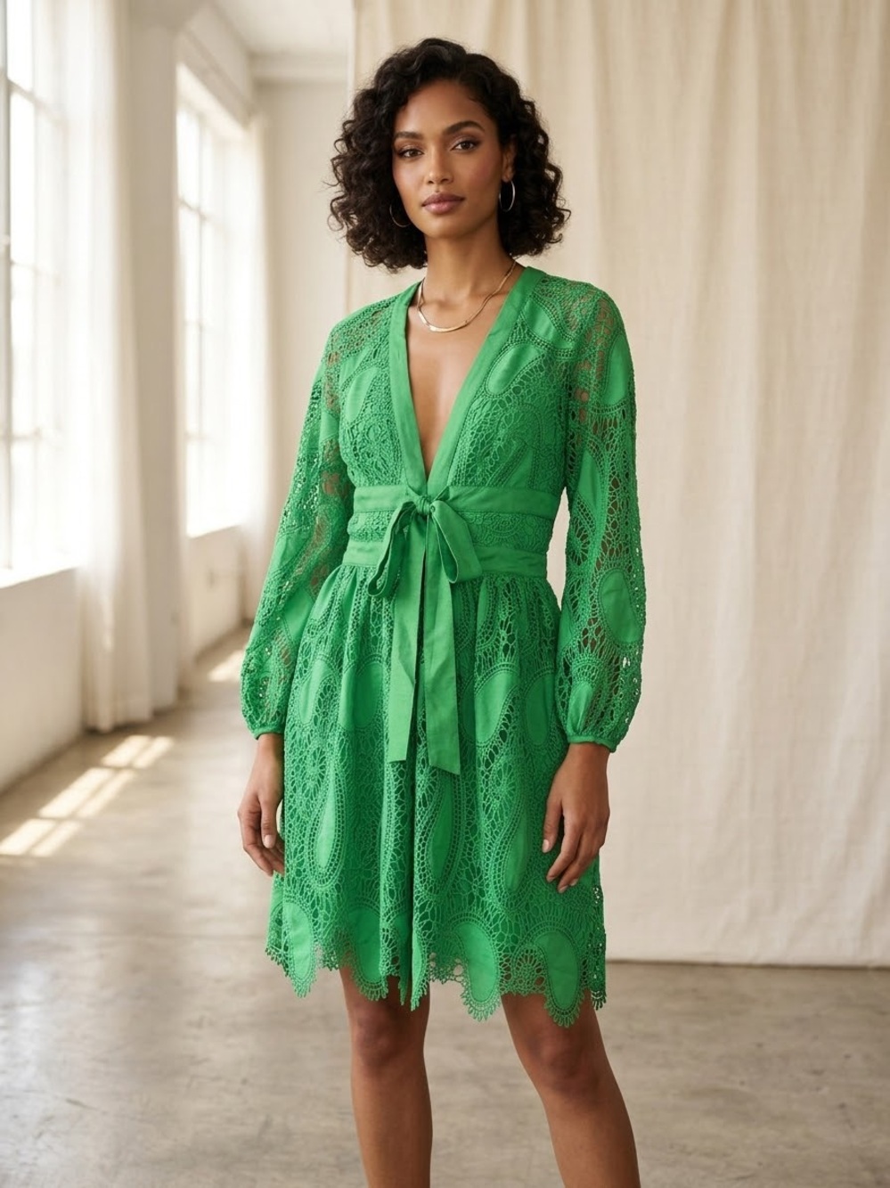 Green Lace Tie-Waist Dress